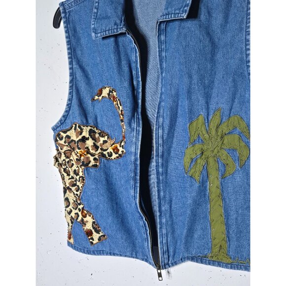 Carolina Colours Womens Elephant Palm Tree Beaded Denim Vest Size Large Safari - Picture 10 of 12